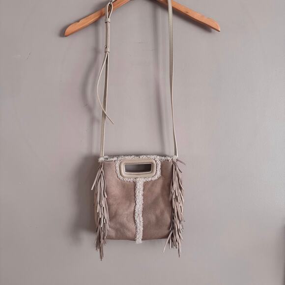 Maje Sheepskin Sherpa Fringe Crossbody Handbag Nude Natural Cream - Picture 3 of 9